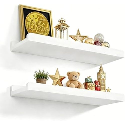 Love-KANKEI Floating Shelves Wall Mounted Set of 2, 17 Inch Rustic Wood Wall Shelves for Storage, Bedroom Living Room Bathroom Kitchen Office and More White
