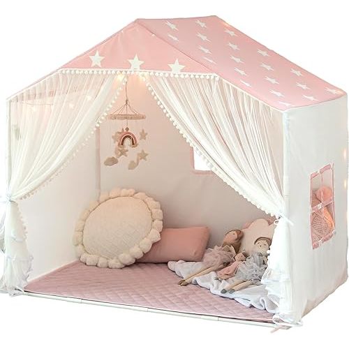 Kids Play Tent with Mat, Girl Playhouse Tent with Pompoms Door Curtain