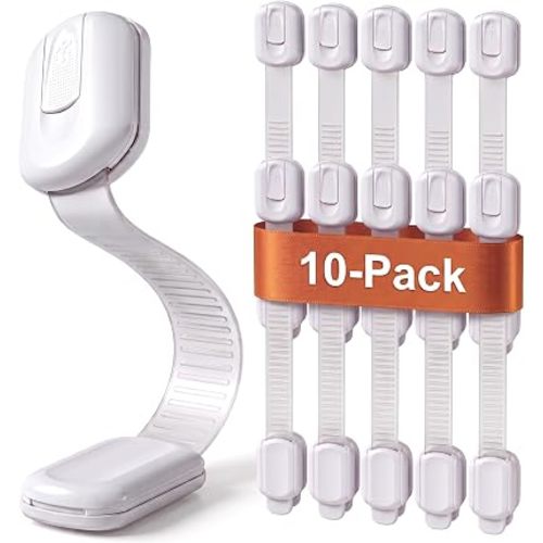 Child Safety Strap Locks (10 Pack) Baby Locks for Cabinets and Drawers, Toilet, Fridge & More. 3M Adhesive Pads. Easy Installation, No Drilling Required, White