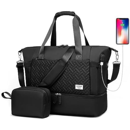 Travel Bags for Women, Weekender Bag with Shoe Compartment, Gym Tote Bags with USB Charging Port,Overnight Duffle Bag with Trolley Sleeve,Black