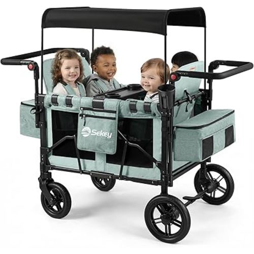 Sekey 4 Seater Stroller Wagon for Kids - Premium Quality with Convertible Seats, Adjustable Push Handles, Removable Canopy, Snack Tray & Cooler, US Certified.
