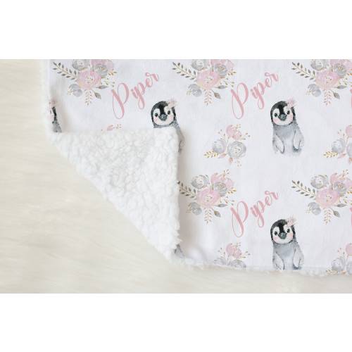 Floral Penguin Swaddle Blanket Headband Hat Set -Personalized Baby Shower Gift - Baby Name Announcement - Personalized Baby Girl Blanket