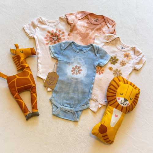 Baby Onesies, Size 3-6 Months, Short Sleeve - Season's Change, Set 2 - Naturally & Botanically dyed Gift for mother + baby