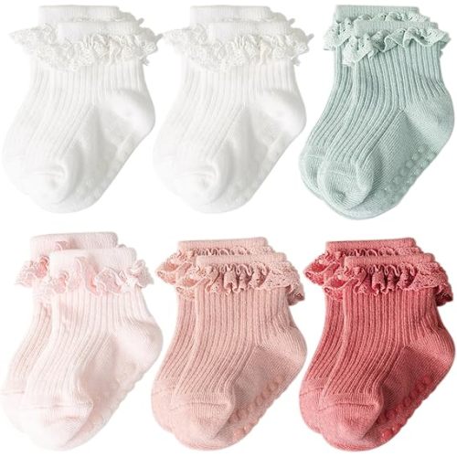 AQOKKA Baby Girl Toddlers Socks with Non-slip Grip Cute Frilly Ruffle Ankle Soft Cotton Newborn Baby Socks for Infant Kids
