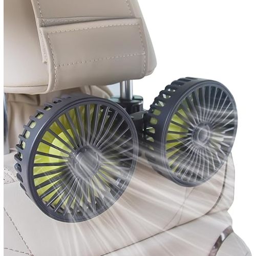 XOOL Car Fans for Backseat - Dual Head USB Cooling Car Fan for Kids, 360° Rotatable Car Rear Headrest Fan, Air Circulation Fan with Adjustable Clip for Car SUV RV Vehicles Truck