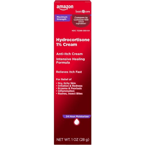 Amazon Basic Care Maximum Strength Anti-Itch Cream, Hydrocortisone 1 Percent Intensive Healing Formula, Itch Relief For Bug Bites, Eczema, Psoriasis, Poison Ivy, Oak and Sumac, 1 ounce (Pack of 1)
