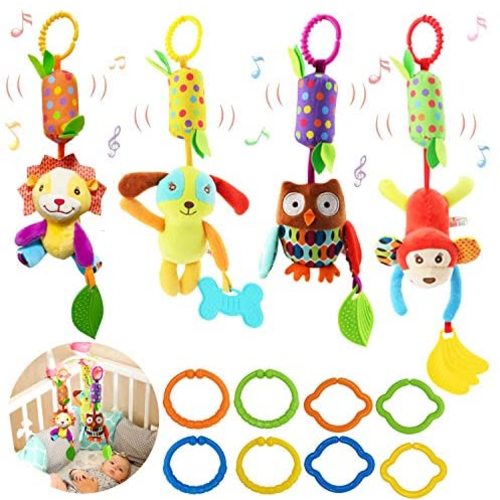 Bloobloomax Baby Soft Hanging Rattle, Car Seat Stroller Toys with Plush Animal C-Clip Ring for Infant Babies Boys and Girls 3 6 9 to 12 Months (12PCS-A)