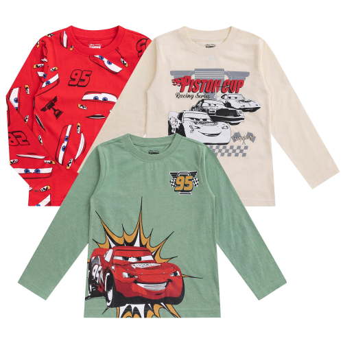 Disney Cars Lightning McQueen Long Sleeve Shirt (Boys), 3 Pack, Sizes 3T-10