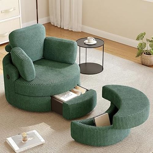 MEISSALIVVE Swivel Accent Chair with Half Moon Ottoman, Round Chairs with Drawer Storage for Living Room, 360° Barrel Chair with USB Charging Port (Corduroy, Olive Green)