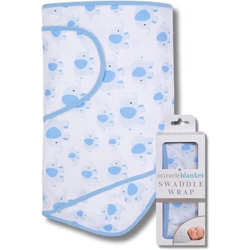 Miracle Blanket Swaddle Wrap – Help Your Newborn Sleep Longer – Soft & Secure Sleep Sack for Infants – Easy-to-Use Swaddling Blanket for a Calm Baby (Blue Elephants)