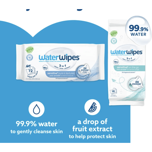 WaterWipes Sensitive Pure & Textured Wipes, 3-In-1 Cleans, Cares, Protects, 99.9% Water, Unscented & Hypoallergenic, 288 Count + Bonus Pack