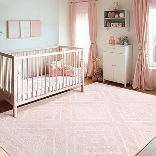 Area Rug 6x9 Rug Machine Washable Non-Slip Low Pile Print Pattern Western Rug for Living Room Bedroom Entryway Tribal Series -Light Pink/Cream