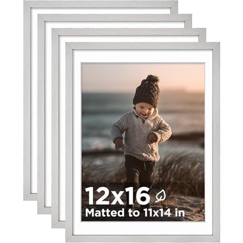 KINLINK 12x16 Picture Frame Silver, Wooden 16x12 Photo Frames with Plexiglass for 11x14 Picture with Mat or 12x16 Without Mat, Perfect for Art Wall and Tabletop Display 12 x 16 frame Set of 4