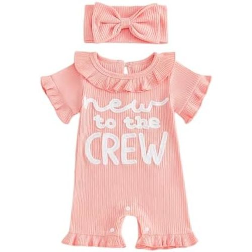 allshope Newborn Baby Girl Summer Outfit Romper Letter Embroidery Ruffle Trim Doll CollarJumpsuit Bodysuit Infant Clothes