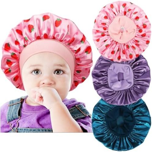 3 PCS Satin Baby Bonnets for Curly Hair,Baby Silk Bonnet for Sleeping for Girls Boys