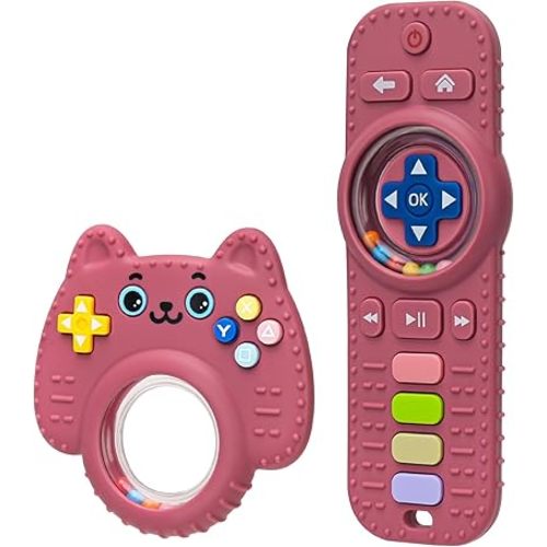 2 Packs Teething Toy for Babies 0-6-9-12 Months, Silicone Baby Rattles Teether, Teething Relief Infant Toddles TV Remote Control Teether for 3-24 Months