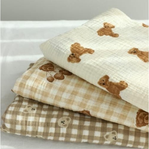 Muslin Bears Soft Wrinkled Cotton Double Gauze Fabric 60" Wide, Checker Animal Print Fabric, Quality Crinkled Gauze Fabric By the Yard 35132