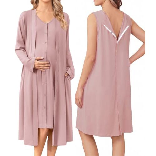 Ekouaer Labor and Delivery Gown and Robe Set for Hospital Nursing Nightgown | Open Back Birthing Gown, Maternity Nursing Pajamas Dress Breastfeeding, Button C Section Postpartum Clothes