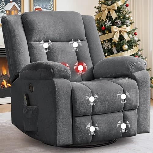 Korser Rocker Recliner, Glider Recliner Chairs for Adults, 360° Swivel Rocking Chair with Massage and Heating, Nursery Chair with Storage and USB Charging for Living Room, Nursery, Bedroom