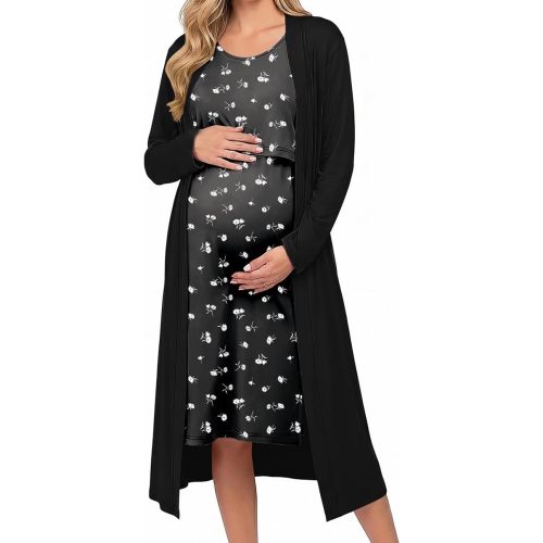 Ekouaer Nursing Gown and Robe Set Labor Delivery Nightgown Hospital Dress | Soft, Hidden Breastfeeding, Split Front Flap, Long Sleeve Maternity Robe, Sleeveless Nursing Dress, Postpartum Clothes