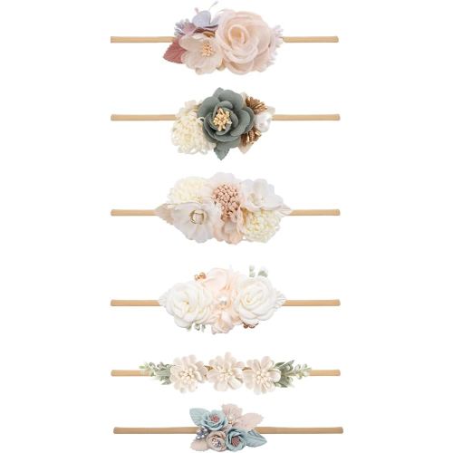 Baby Girl Flower Headband 6 PCS Elastic Hairbands Handmade Nylon Bows Headbands Chic Floral Hair Accessories Kids Gifts for Newborn Infant Toddlers