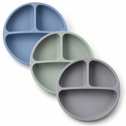PLERISE Suction Plates with Lids for Babies Toddlers, Divided Design Stay Put Dinnerware, Microwave Dishwasher Safe, 3 Pack, Blue Dark Gray Green