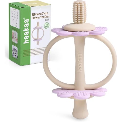haakaa Silicone Twin Flower Teether,Nipple-Shaped End for Gum Massage,360° Baby Toothbrush Head for Self-Brushing Training,Easy to Grip - Lavender