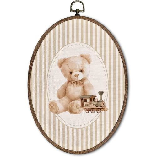 FLAWAFLOMA Vintage Bear Nursery Oval Wall Art Decor, Kids Room Canvas Wall Art Framed, Bear Train Hanging Decorations for Kids Toddler Boy Girl Nursery Room Bedroom Playroom Decor, 8.6x11.4 Inch
