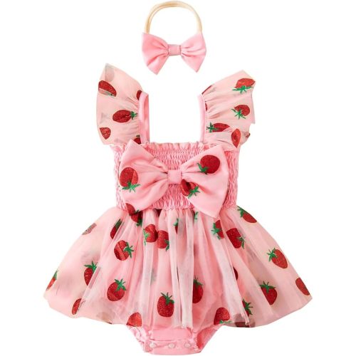 SIZE 0-3 MONTHS  Baby Girl Clothes Summer Outfit Newborn Strawberry Bow Ruffle Sleeveless Tulle Romper Dress Cute Infant Onesie