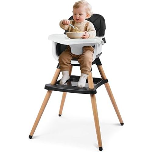 Kinder King 7 in 1 Baby High Chair for Babies and Toddlers with Large Storage Footrest, Booster Seat, Convertible Wooden High Chair with 3-Depth Double Dishwasher Safe Tray, 5 Point Harness, Black
