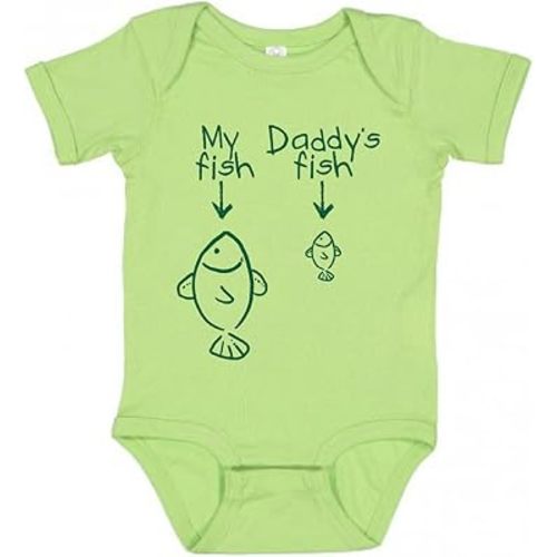 Gina Lou Printed - My Fish, Daddy's Fish - Lime Color Rompers for Unisex Baby - Crewneck, Short Sleeve Bodysuits