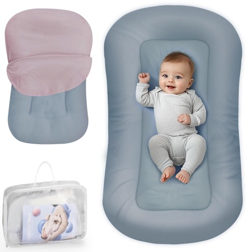 Baby Lounger - Baby Lounger Pillow for Newborn, 0-24 Months, Infant Lounger for Home and Travel, Co Sleeping Baby Nest, Newborn Babies Essentials Gifts, GrayishBlue (Lounger Cover Included)