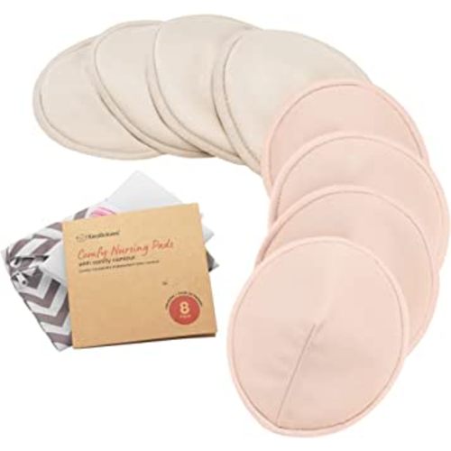 Organic Nursing Pads - 8 Washable Viscose Derived from Bamboo Breastfeeding Pads, Wash Bag, Reusable Breast Pads for Breastfeeding, Nipple Pads for Breastfeeding Essentials(Neutrals, M 3.9")