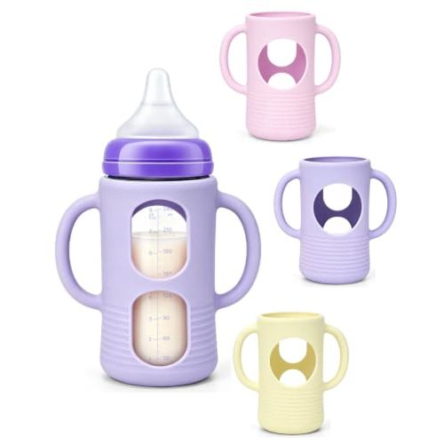 3 Pack Silicone Sleeves for Lansinoh & Pigeon Glass Baby Bottles, 8 Ounces | Baby Bottle Sleeves with Handles, BPA-Free, Drop-Resistant, Thermal Insulation (Pink / Lavender / Cream Yellow)