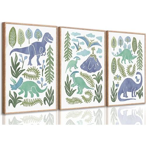 Baby Boys Nursery Wall Art Blue Green Dinosaur Pictures Wall Decor Stegosaurus T-Rex Triceratops Pterodactyl Posters Artwork Watercolor Dino Painting Canvas Prints for Kids Room Toddler Boy Room Decor