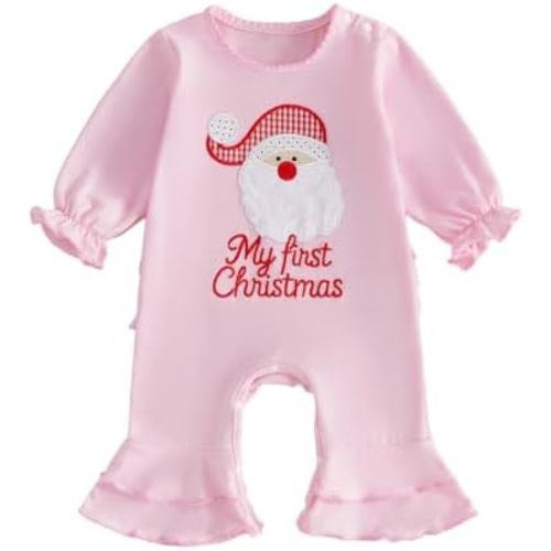 My Frist Christmas Baby Girl Outfit Ruffle Sleeve Santa Jumpsuit