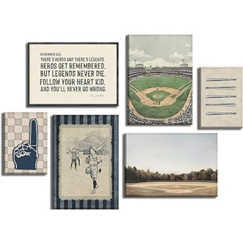 WWN Vintage Baseball Canvas Wall Art Set of 6 Baseball Field Stadium Picture Wall Decor Sports Inspirational Quotes Poster Painting Prints Artwork for Boys Room Office Teen Room Home Decor, Unframed