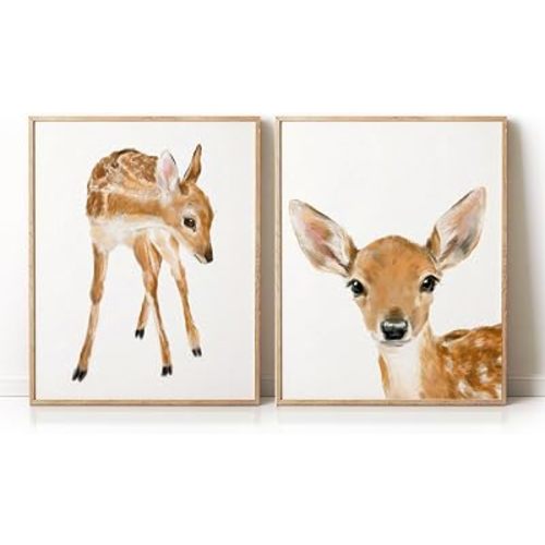 Triple Studio Bambi Nursery Wall Art, Set Of 2, Boho Baby Fawn Nursery Room Wall Decor, Adorable Woodland Deer Animal, Cute Girl Bedroom, UNFRAMED, Signed by Artist (8x10 Inches)