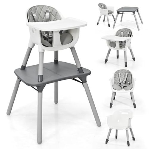 HONEY JOY 5-in-1 High Chair, Convertible Highchair for Babies and Toddlers/Kids Chair Table Set/Infant Feeding Chair w/Safety Harness, PU Leather Cushion & Removable Food Tray (Gray)
