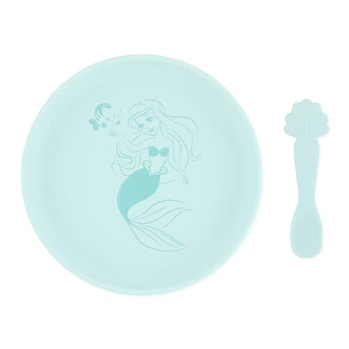 Bumkins Disney Baby and Toddler Plate and Spoon Set, Silicone Dish for Babies and Kids, Baby Led Weaning, Children Feeding Supplies, Microwave Safe, Platinum Silicone, Ages 6 Months Up, Princess Ariel