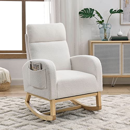 Dolonm Rocking Chair Mid-Century Modern Nursery Rocking Armchair Upholstered Tall Back Accent Glider Rocker for Living Room (White,Teddy)