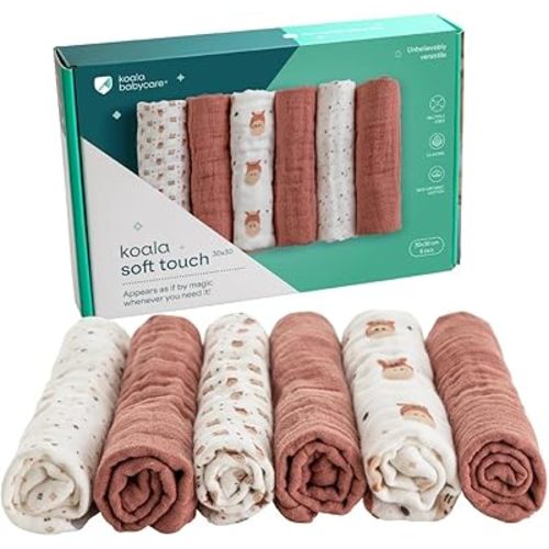 Koala Babycare 6 Pack 12"x12" Muslin Burp Cloths for Baby Boys and Girls - GOTS & Oeko-TEX Cotton Burp Rags for Newborns - Absorbent Neutral Burping Cloths for Feeding - Washable Baby Bibs Essentials