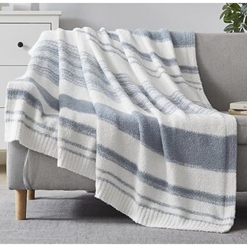 WRENGONGE Grey Blue Throw Blanket, 50x70 Soft Cozy Striped Throw Blankets for Couch, Sofa, Bed, Travel, Lightweight Fluffy Warm Plush Decorative Blankets for Women, Men,Kids Gift