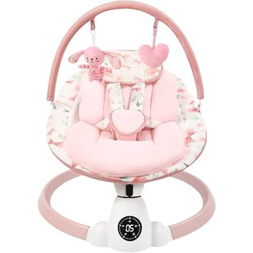 Baby Swing for Infants with 5 Swing Speeds, Portable Electric Baby Swing with Bluetooth, Remote Control & Touch Panel, 5-Point Harness,Indoor & Outdoor Use,Pink