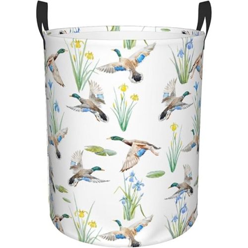 Laundry Basket Watercolor Mallard Duck Room Decor,Round Laundry Hamper Waterproof Dirty Clothes Hamper Collapsible Laundry Baskets With Handles,Toy/Clothes Storage Basket For Home Dorm Bathroom Decor