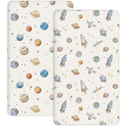 Pack and Play Sheets 2 Pack, Fitted Jersey Knit Mini Crib Sheets for Baby Boys and Girls, Compatible with Graco Pack N Play and Mini Crib Mattress (Stellar Adventure, Pack N Play/Mini Crib Sheets)