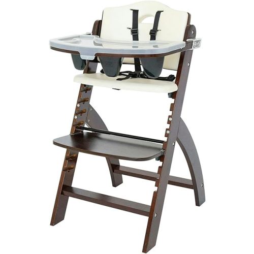 Abiie Beyond Junior Wooden High Chair with Tray - Adjustable and Convertible High Chair for Babies and Toddlers - 6 Months to 250 Lb - Water Resistant - Mahogany Wood/White Cushion