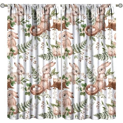 Easter Bunny Curtains Fun Animal Rabbit Spring Plants Floral Print Curtains Use Bedroom Living Room 42x44 Inch
