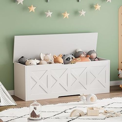 47.2" Extra-Large Wooden Storage Chest – Farmhouse Toy Box, Entryway Bench, Bedroom Storage, Safety Hinge, Easy Assembly, White