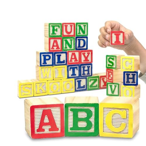 Skoolzy 30 PCS Baby Blocks - Small Wooden ABC Blocks for Toddlers 2-5 - Alphabet Learning & Building Toys